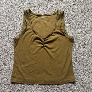 Old Navy Green Ruched Fitted Tank Top L Lace Trim Feminine Preppy Summer Fall
